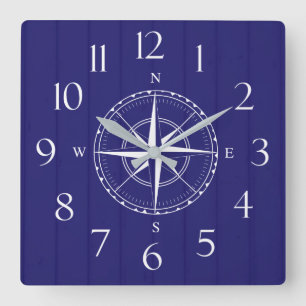 Nautical Frakt Compass Navy Blue Wood Fyrkantig Klocka