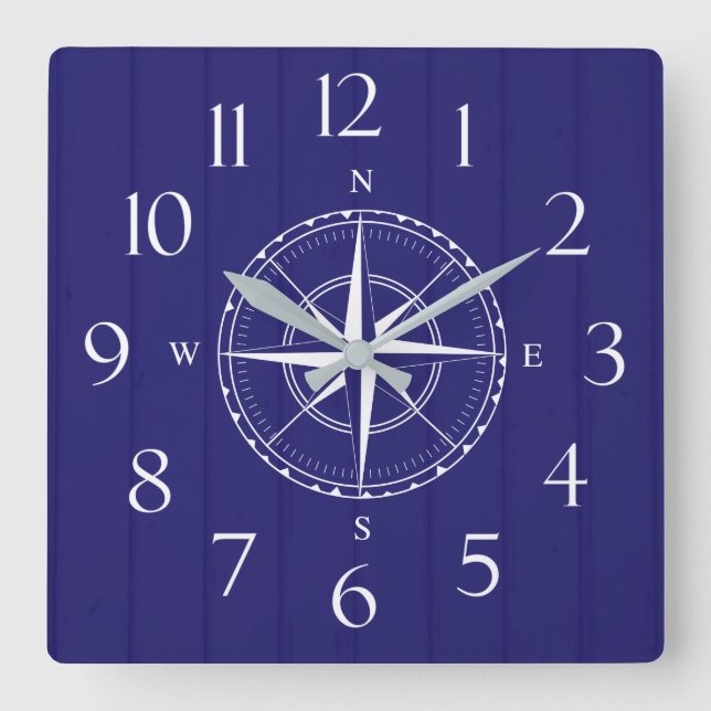 Nautical Frakt Compass Navy Blue Wood Fyrkantig Klocka (Framsida)