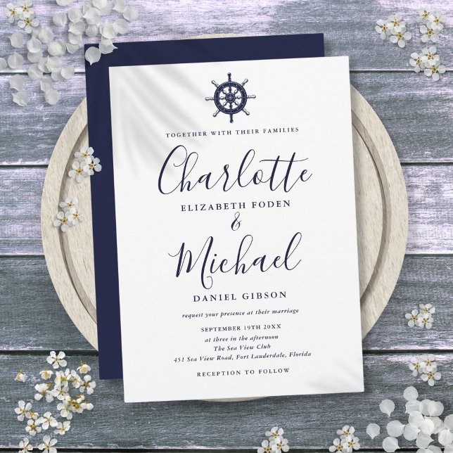 Nautical Frakt Wheel Navy Blue Script Bröllop Inbjudningar (Nautical Ship Wheel Navy Blue Script Wedding Invitation)
