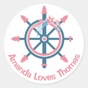 Nautical Frakt Wheel Rosa Blue Personlig Bröllop Runt Klistermärke