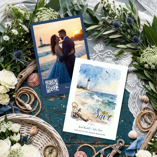 Nautical fyr akvarell bröllopsfoto TLW26 Spara Datumet (Elegant Nautical Lighthouse And Anchor Faux Watercolor Beach Wedding Save The Date Card.)