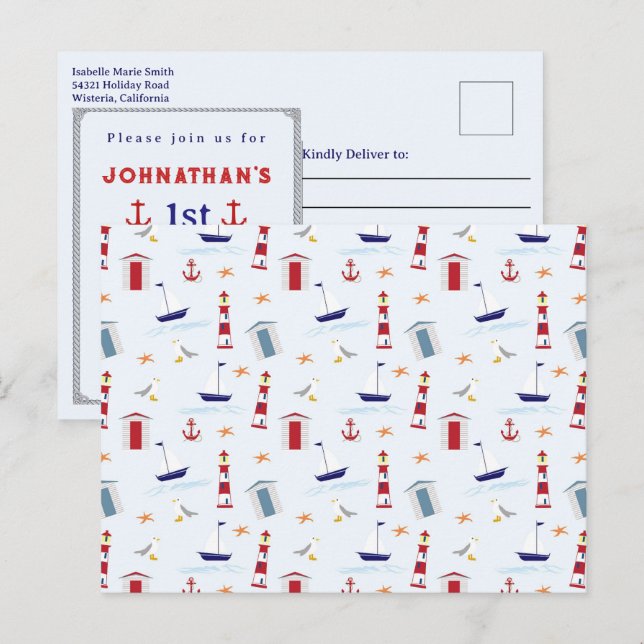 Nautical fyr mönster 1-års födelsedagsfirande  vykort (Fram/baksida)