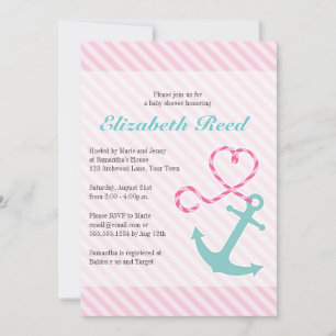 Nautical Girl Baby Shower Anchor w/ Heart Rope Inbjudningar