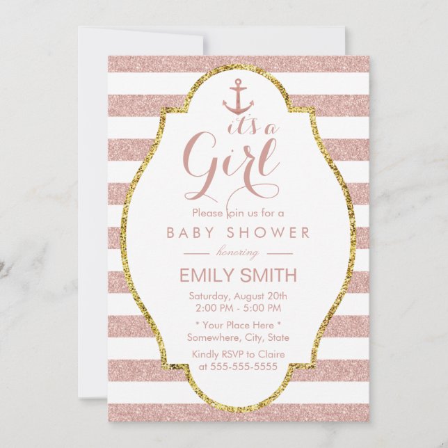 Nautical Girl Baby Shower Ro Guld Rand Inbjudningar (Framsida)