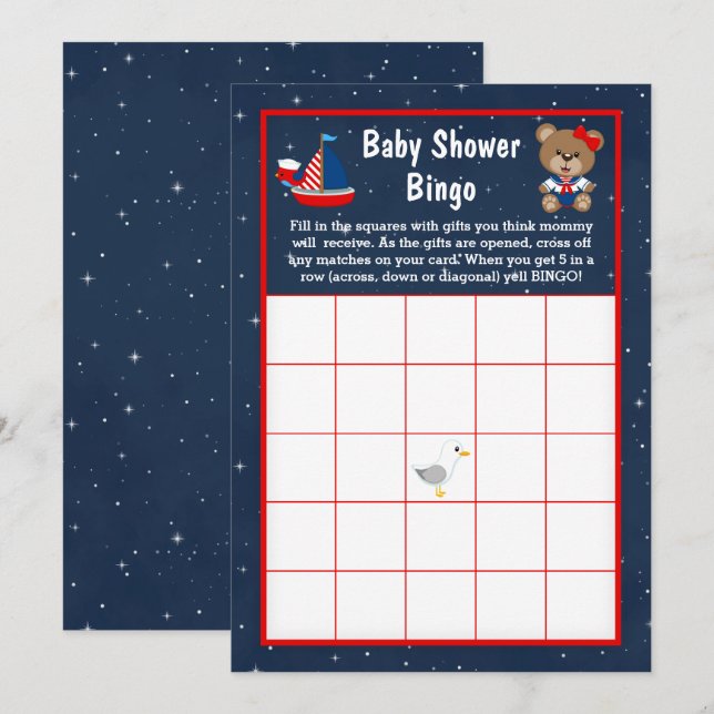 Nautical Girl Bear Red and Navy Baby Bingo Inbjudningar (Fram/baksida)