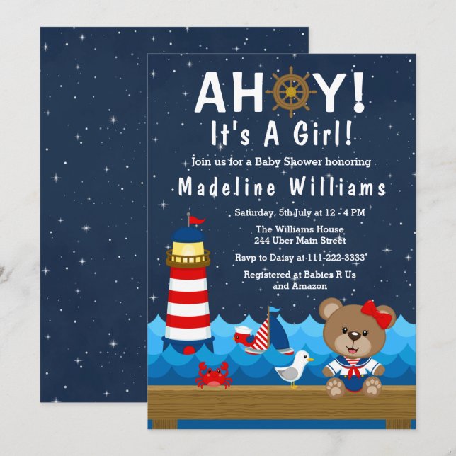 Nautical Girl Bear Red and Navy Baby Shower Inbjudningar (Fram/baksida)