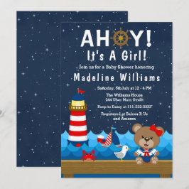 Nautical Girl Bear Red and Navy Baby Shower Inbjudningar
