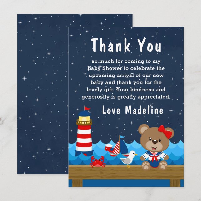 Nautical Girl Bear Red and Navy Baby Shower Tack Kort (Fram/baksida)