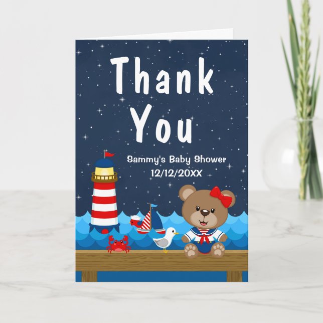 Nautical Girl Bear Red and Navy Baby Shower Tack Kort (Framsida)