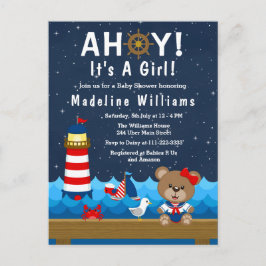 Nautical Girl Bear Red and Navy Baby Shower Vykort