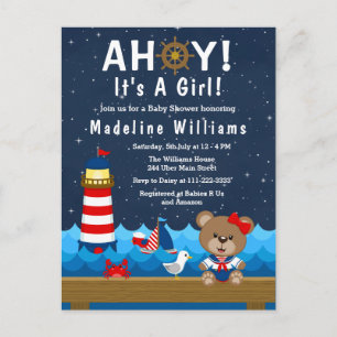 Nautical Girl Bear Red and Navy Baby Shower Vykort