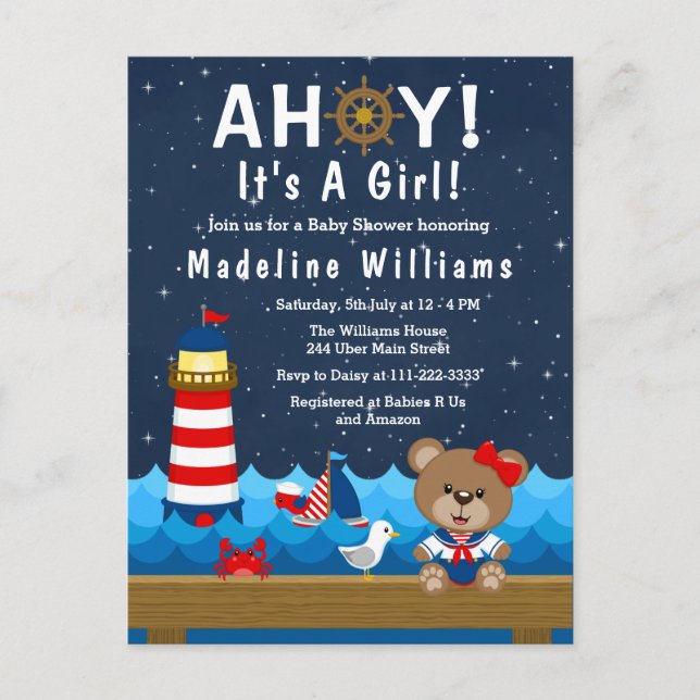 Nautical Girl Bear Red and Navy Baby Shower Vykort (Framsida)