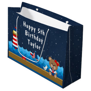 Nautical Girl Bear Red and Navy Grattis på födelse