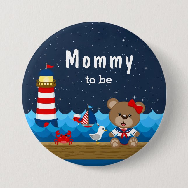 Nautical Girl Bear Red and Navy Mamma att bli Knapp (Framsida)