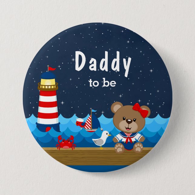 Nautical Girl Bear Red and Navy Pappa att bli Knapp (Framsida)