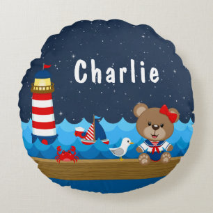 Nautical Girl Bear Red and Navy Rund Kudde
