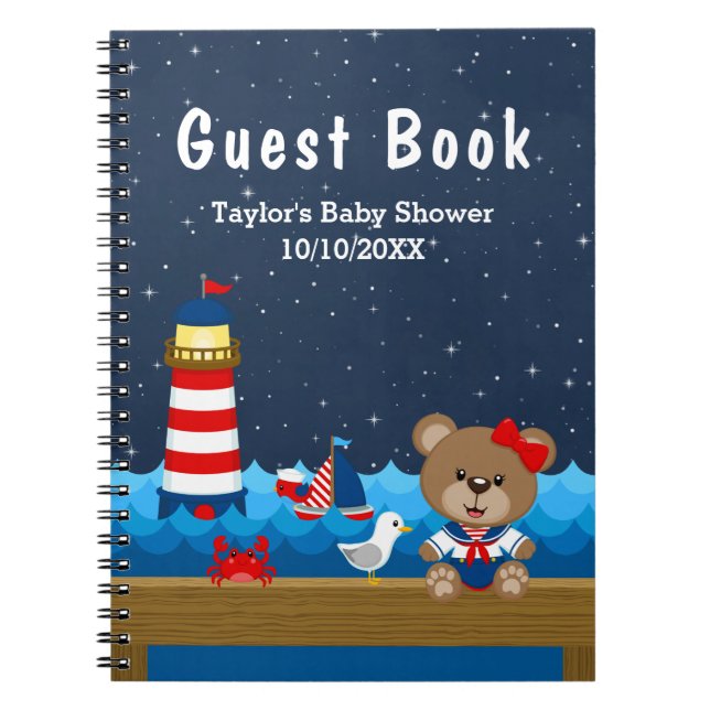 Nautical Girl Bear Red Baby Shower Guest Bok Anteckningsbok (Framsidan)