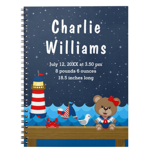 Nautical Girl Bear Red Navy Birth Statistics Anteckningsbok (Framsidan)