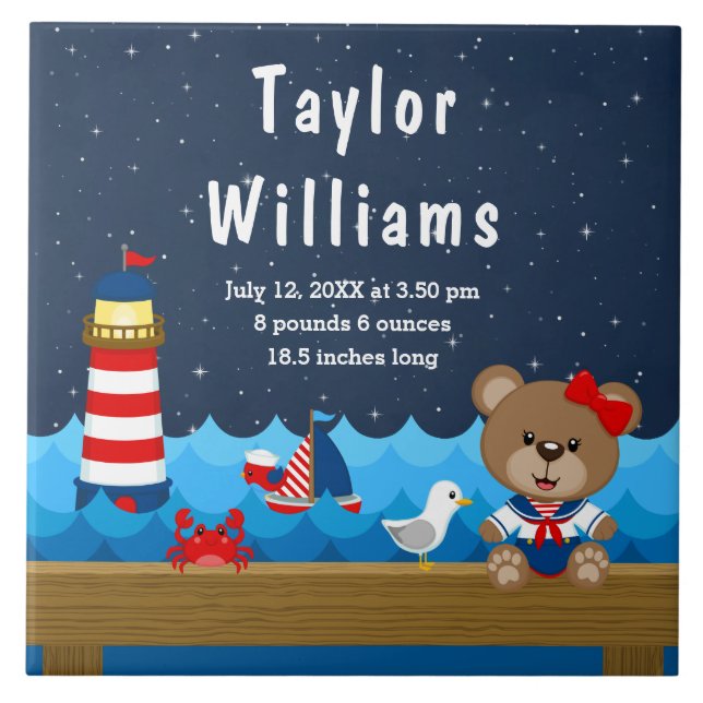 Nautical Girl Bear Red Navy Birth Statistics Kakelplatta (Framsidan)
