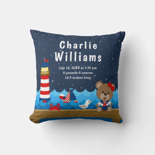 Nautical Girl Bear Red Navy Birth Statistics Kudde (Framsida)