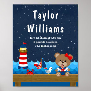Nautical Girl Bear Red Navy Birth Statistics Poster