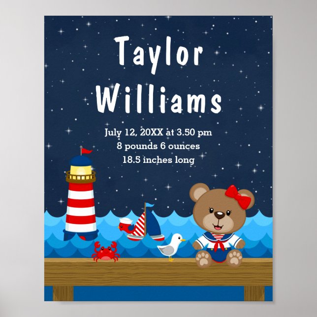 Nautical Girl Bear Red Navy Birth Statistics Poster (Framsidan)