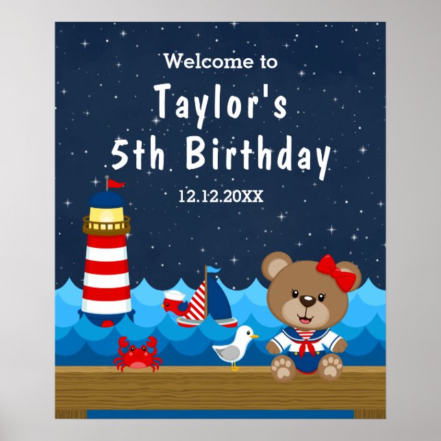 Nautical Girl Bear Red Navy Birthday Välkommen Poster (Framsidan)