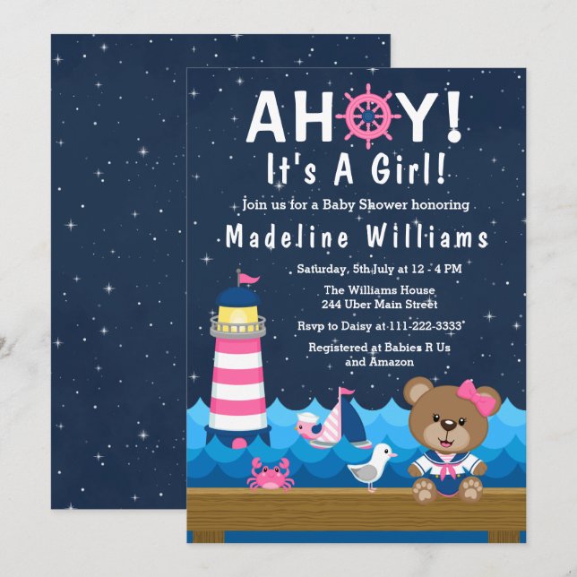 Nautical Girl Bear Rosa and Navy Baby Shower Inbjudningar (Fram/baksida)