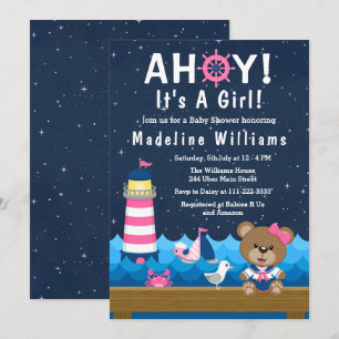 Nautical Girl Bear Rosa and Navy Baby Shower Inbjudningar