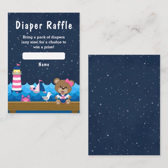 Nautical Girl Bear Rosa and Navy Diaper Raffle Tilläggskort (Fram/baksida)