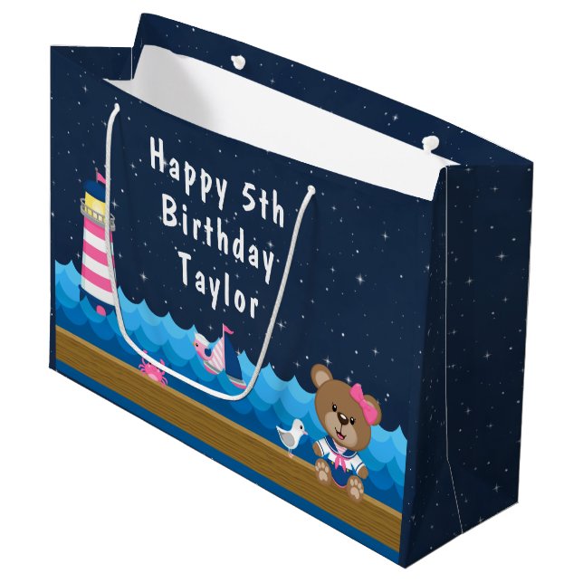 Nautical Girl Bear Rosa and Navy Grattis på födels (Framsidan Vinklad)