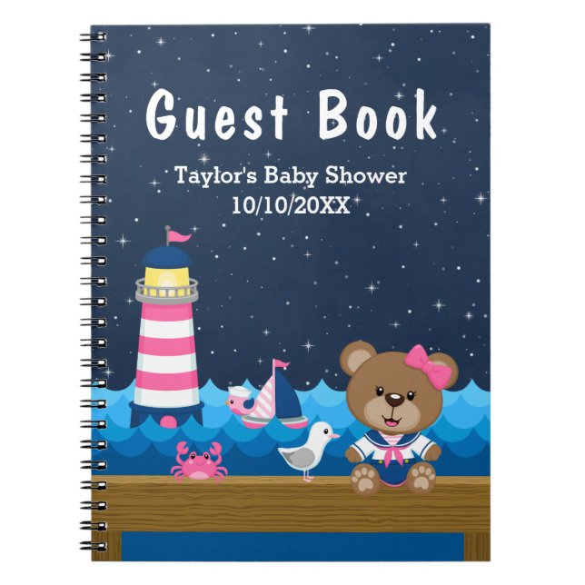Nautical Girl Bear Rosa Baby Shower Guest Bok Anteckningsbok (Framsidan)
