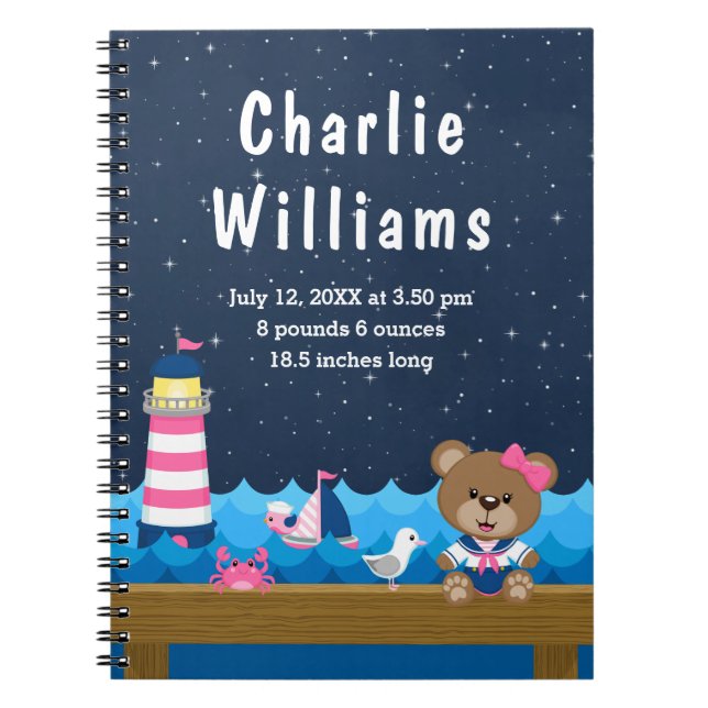 Nautical Girl Bear Rosa Navy Birth Statistics Anteckningsbok (Framsidan)