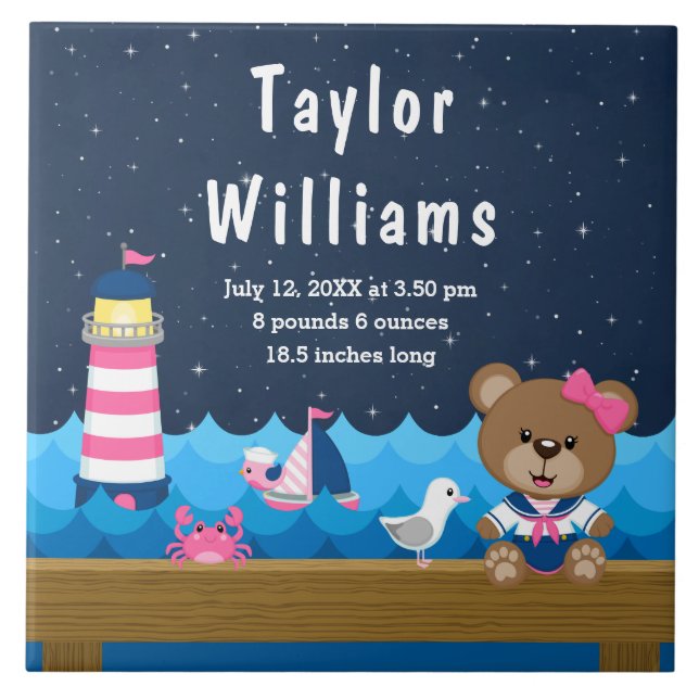 Nautical Girl Bear Rosa Navy Birth Statistics Kakelplatta (Framsidan)