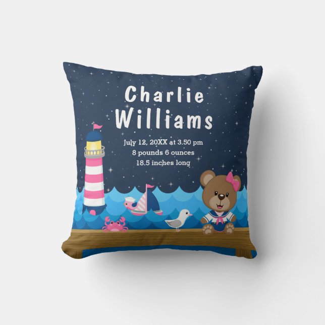 Nautical Girl Bear Rosa Navy Birth Statistics Kudde (Framsida)