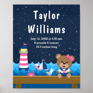 Nautical Girl Bear Rosa Navy Birth Statistics Poster