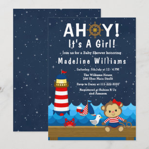 Nautical Girl Monkey Red and Navy Baby Shower Inbjudningar