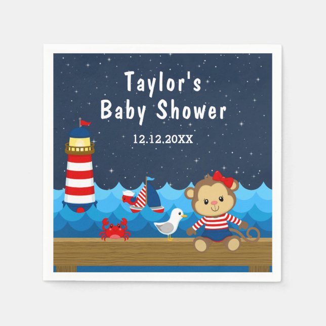 Nautical Girl Monkey Red and Navy Baby Shower Pappersservett (Framsidan)