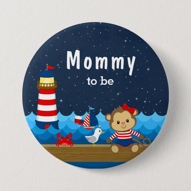 Nautical Girl Monkey Red and Navy Mamma att bli Knapp (Framsida)