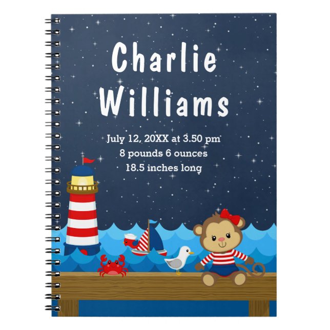 Nautical Girl Monkey Red Navy Birth Statistics Anteckningsbok (Framsidan)