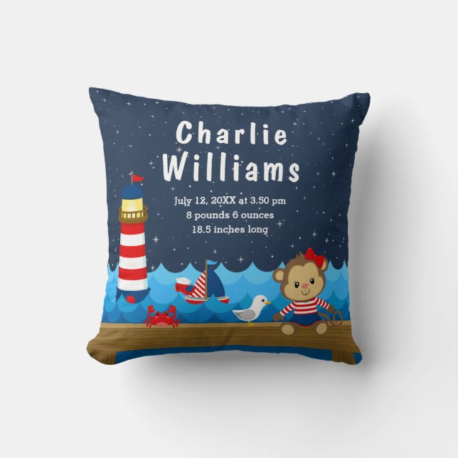 Nautical Girl Monkey Red Navy Birth Statistics Kudde (Framsida)