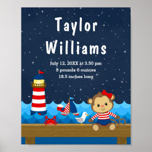 Nautical Girl Monkey Red Navy Birth Statistics Poster
