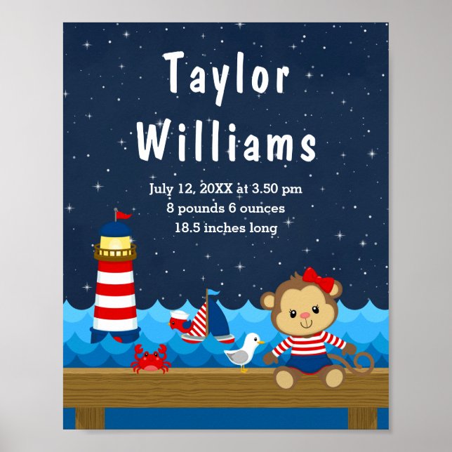 Nautical Girl Monkey Red Navy Birth Statistics Poster (Framsidan)