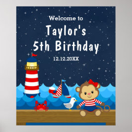 Nautical Girl Monkey Red Navy Birthday Välkommen Poster