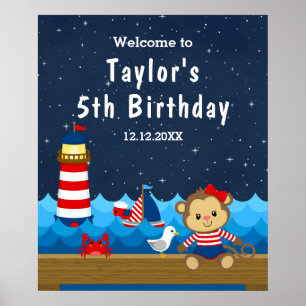 Nautical Girl Monkey Red Navy Birthday Välkommen Poster