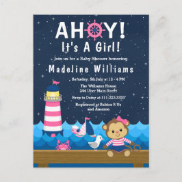 Nautical Girl Monkey Rosa and Navy Baby Shower Vykort