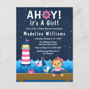 Nautical Girl Monkey Rosa and Navy Baby Shower Vykort