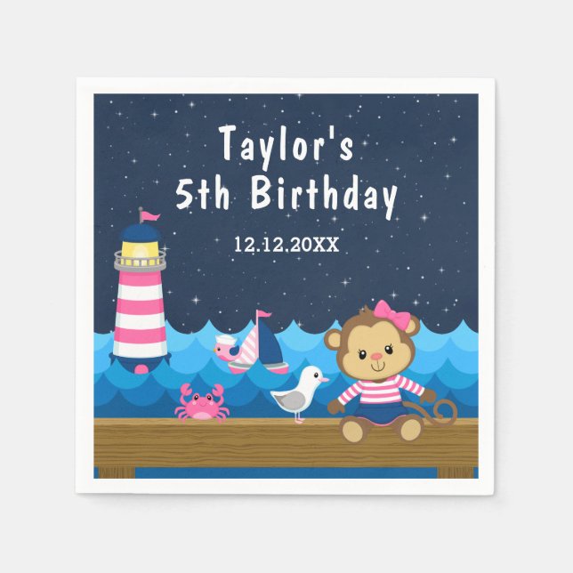 Nautical Girl Monkey Rosa and Navy Födelsedagsfest Pappersservett (Framsidan)