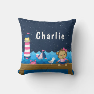 Nautical Girl Monkey Rosa and Navy Kudde