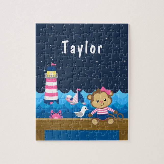 Nautical Girl Monkey Rosa and Navy Pussel (Vertikal)